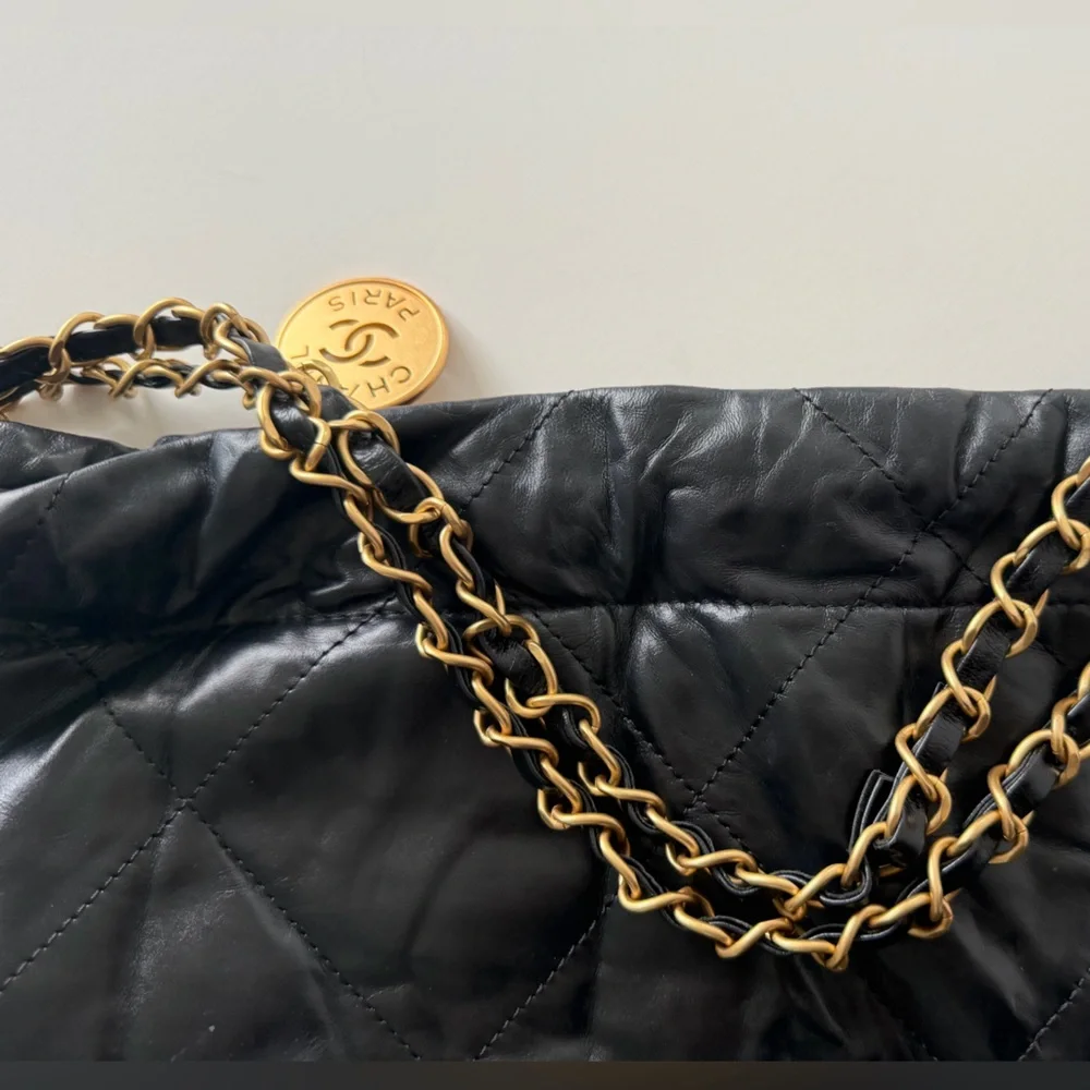 Black Quilted Shoulder Bag with Gold Accents - Picture 8 of 9